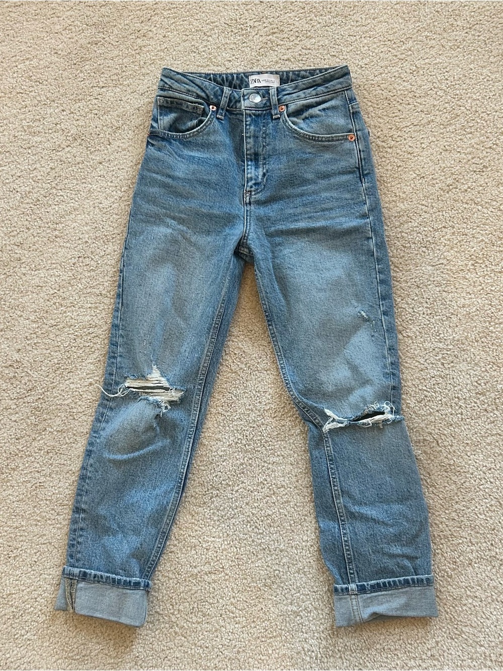 Zara Medium Blue Distressed Boyfriend Jeans